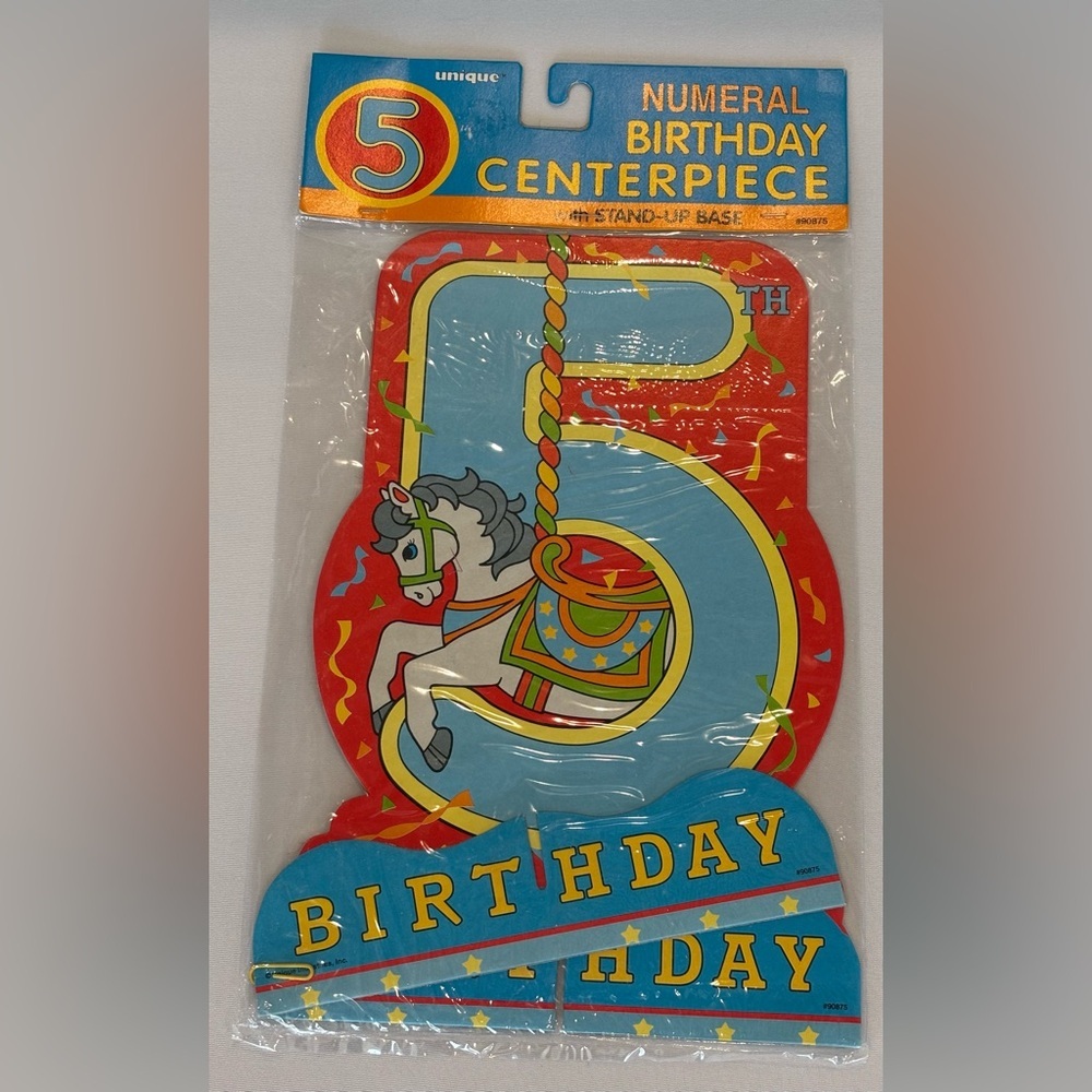 VINTAGE Adorable Carousel Themed Birthday Centerpiece Number 5 Red and Blue‎ NIB
